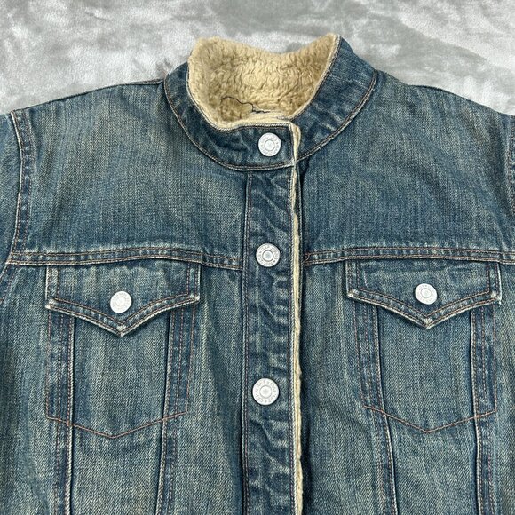GAP Denim Jacket Women's Large Sherpa Lined Trucker Style Y2K Distressed VTG - Picture 5 of 10